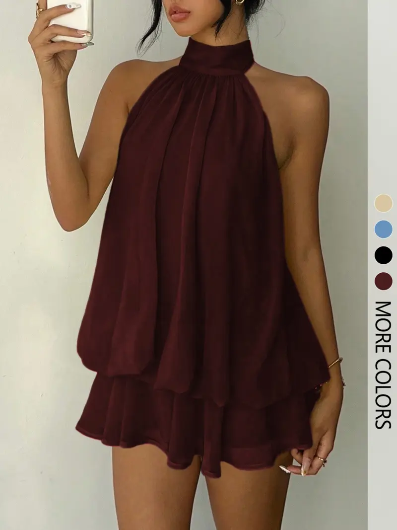 Women's Simple Solid Backless Halter One-Piece Romper