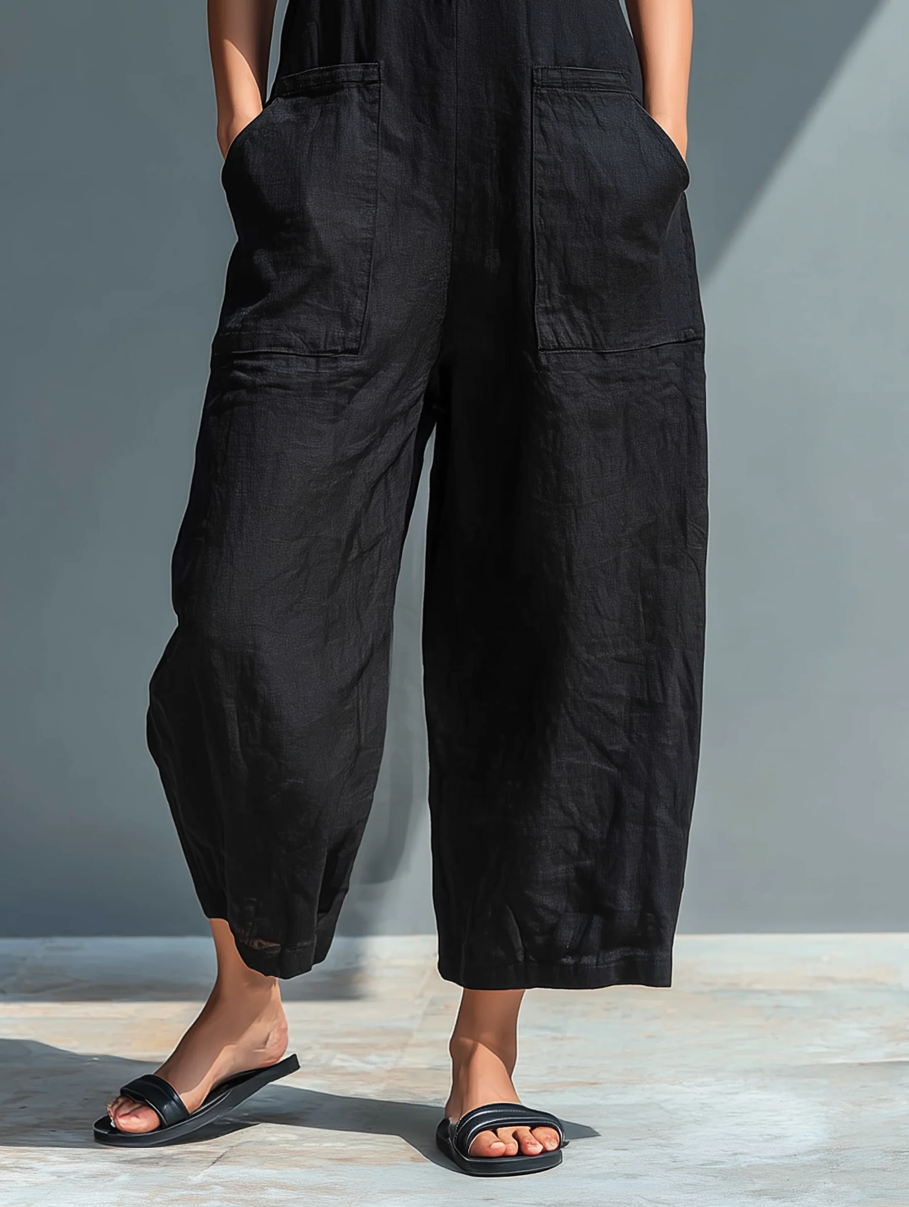 🔥Hot Selling Now！Women's  Minimalist Faux Linen Button-down Collar Sleeveless Loose-fitting Jumpsuit