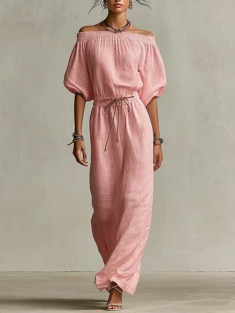 Women's White Linen Dress With Elasticated Off-Shoulder Detail & Drawstring Waist, Timeless Boho-Relaxed Style Dress