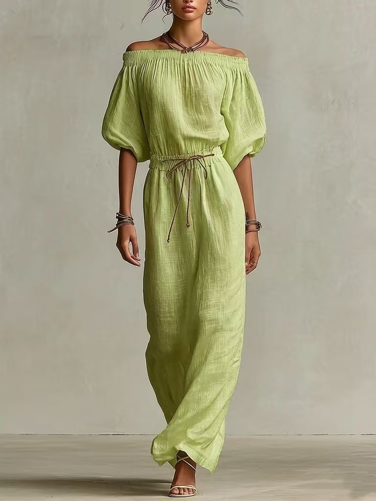 Women's White Linen Dress With Elasticated Off-Shoulder Detail & Drawstring Waist, Timeless Boho-Relaxed Style Dress