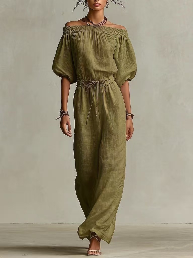 Women's White Linen Dress With Elasticated Off-Shoulder Detail & Drawstring Waist, Timeless Boho-Relaxed Style Dress