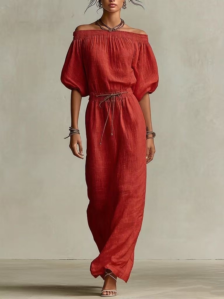 Women's White Linen Dress With Elasticated Off-Shoulder Detail & Drawstring Waist, Timeless Boho-Relaxed Style Dress