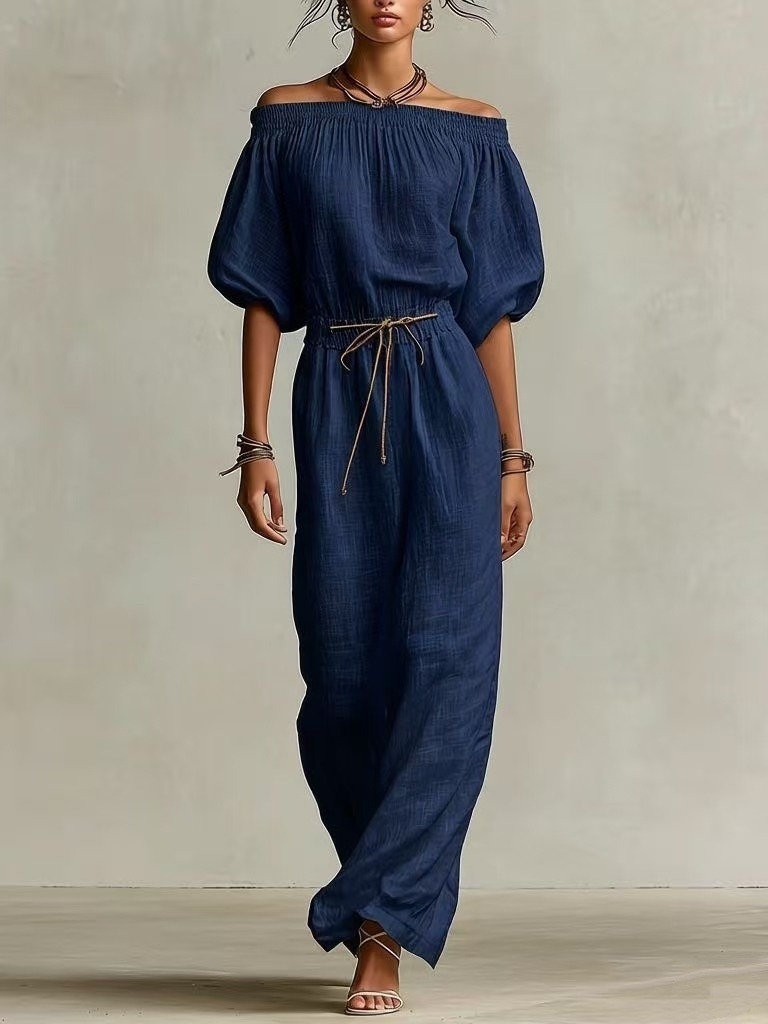 Women's White Linen Dress With Elasticated Off-Shoulder Detail & Drawstring Waist, Timeless Boho-Relaxed Style Dress