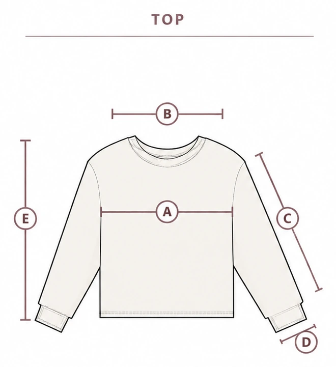 How the top is measured: A bust, B shoulder, C sleeve, D cuff, E length.