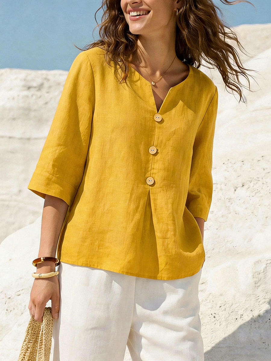Women's Solid Color V-neck 3/4 Sleeve Casual Loose Cotton Linen Top