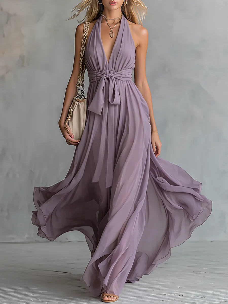  Summer Special Offer🔥Elegant And Stylish Halter Neck V-neck Sleeveless Chiffon Maxi Dress