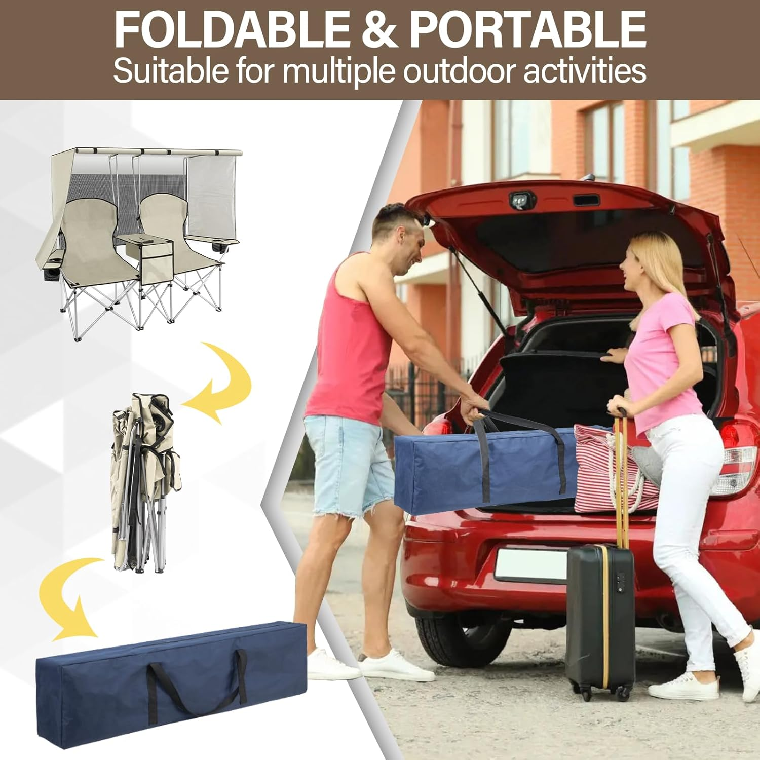 👥☀️ Double Camping Chair with Canopy - 2 Person Foldable