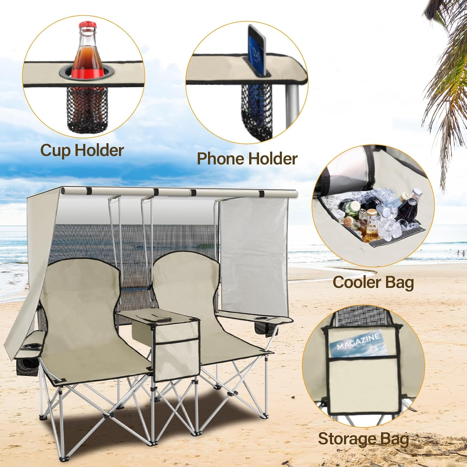 👥☀️ Double Camping Chair with Canopy - 2 Person Foldable