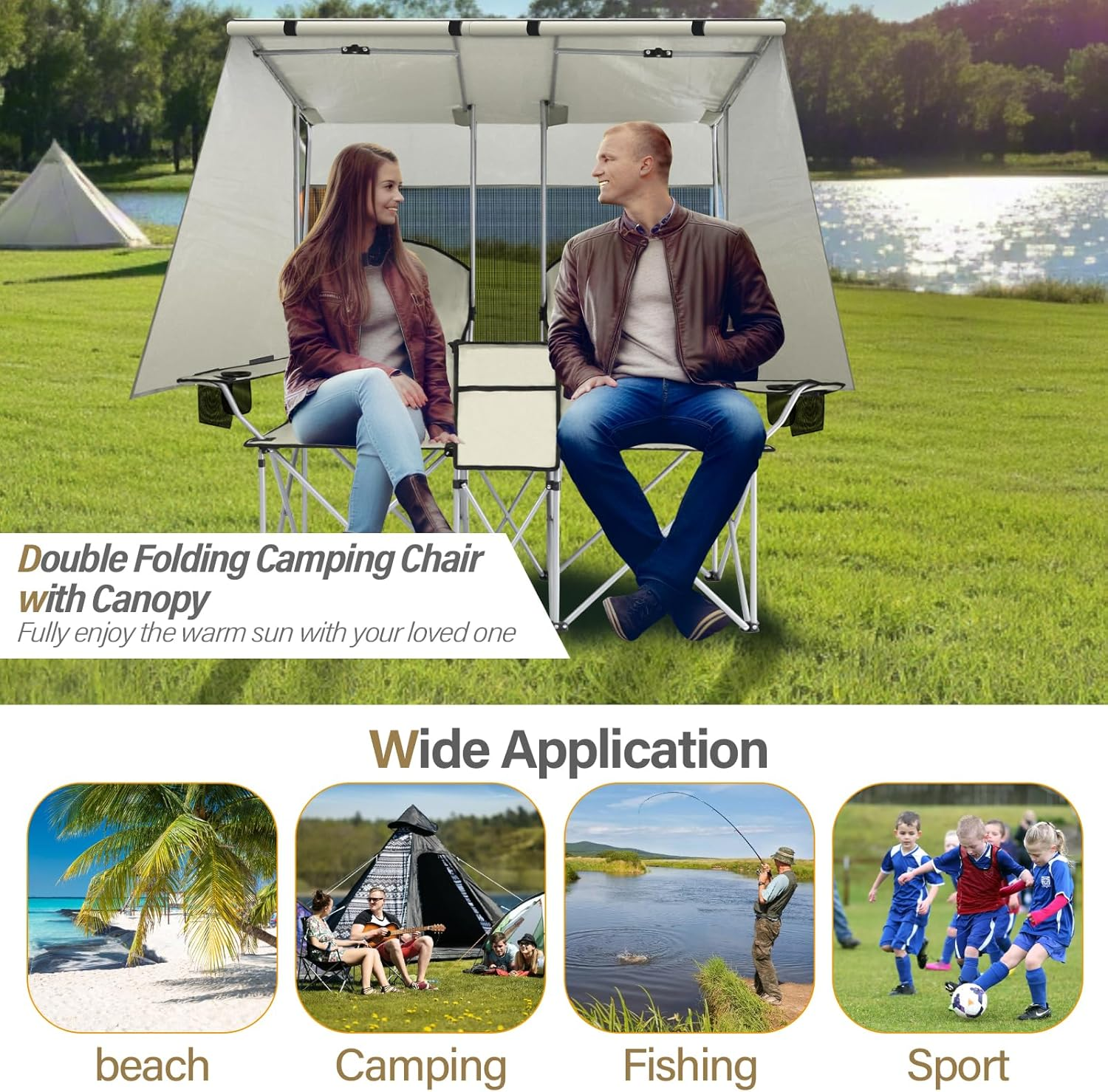 👥☀️ Double Camping Chair with Canopy - 2 Person Foldable