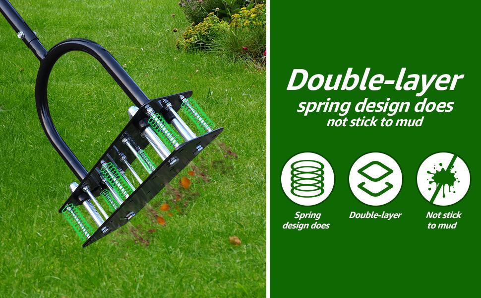 RIFPOD 草坪打孔机 - 草坪打孔工具，自动清理泥土和落叶设计，重型手动草坪打孔工具，带 15 个铁钉，高度可调，适用于草坪的庭院草坪打孔机（黑色）