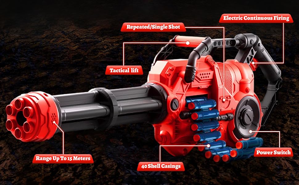 Red toy gun with multiple labeled parts including barrel, tactical left, ammo belt, battery compartment, power switch, and improved side grip.