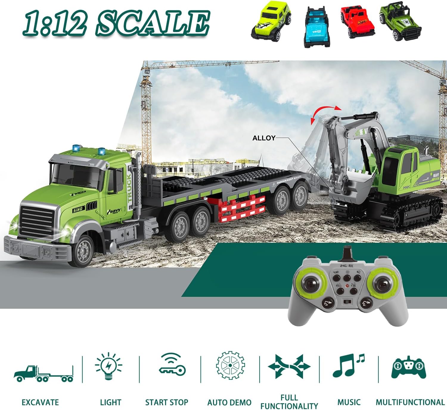 🎁 1:12 Scale RC Truck & Excavator Set – 2.4Ghz, Lights, Sounds, & Detachable Trailer
