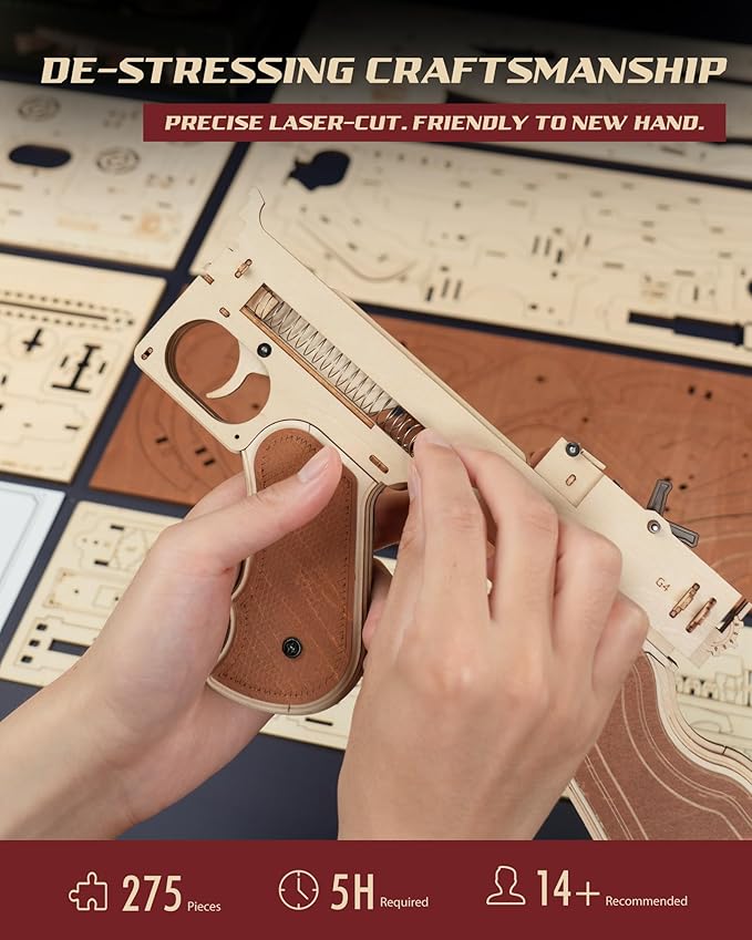 🔫 275PCS DIY Wooden 3D Puzzle Kit | Fully Functional Rubber Band Shooting Model