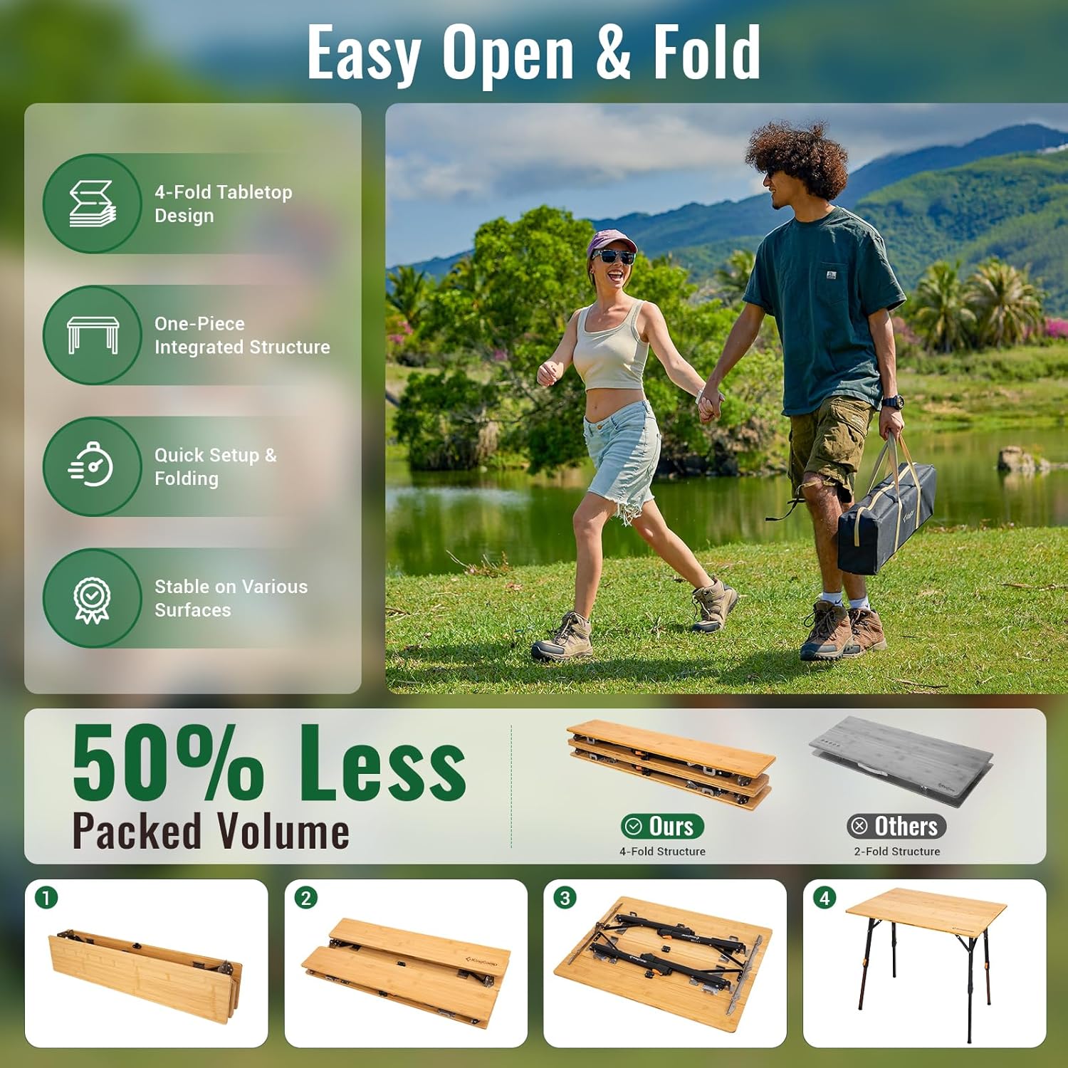 🌿 Bamboo Folding Table – Natural Finish, Portable & Stable for Camping & RV