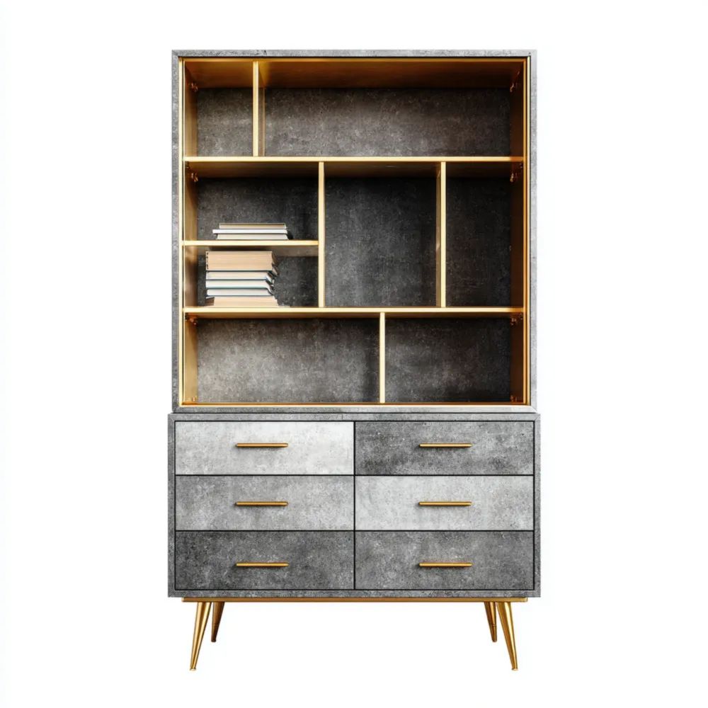 Libreria Combinata Metallo-Legno 190x120x40 cm – Grigio/Oro – Design Moderno