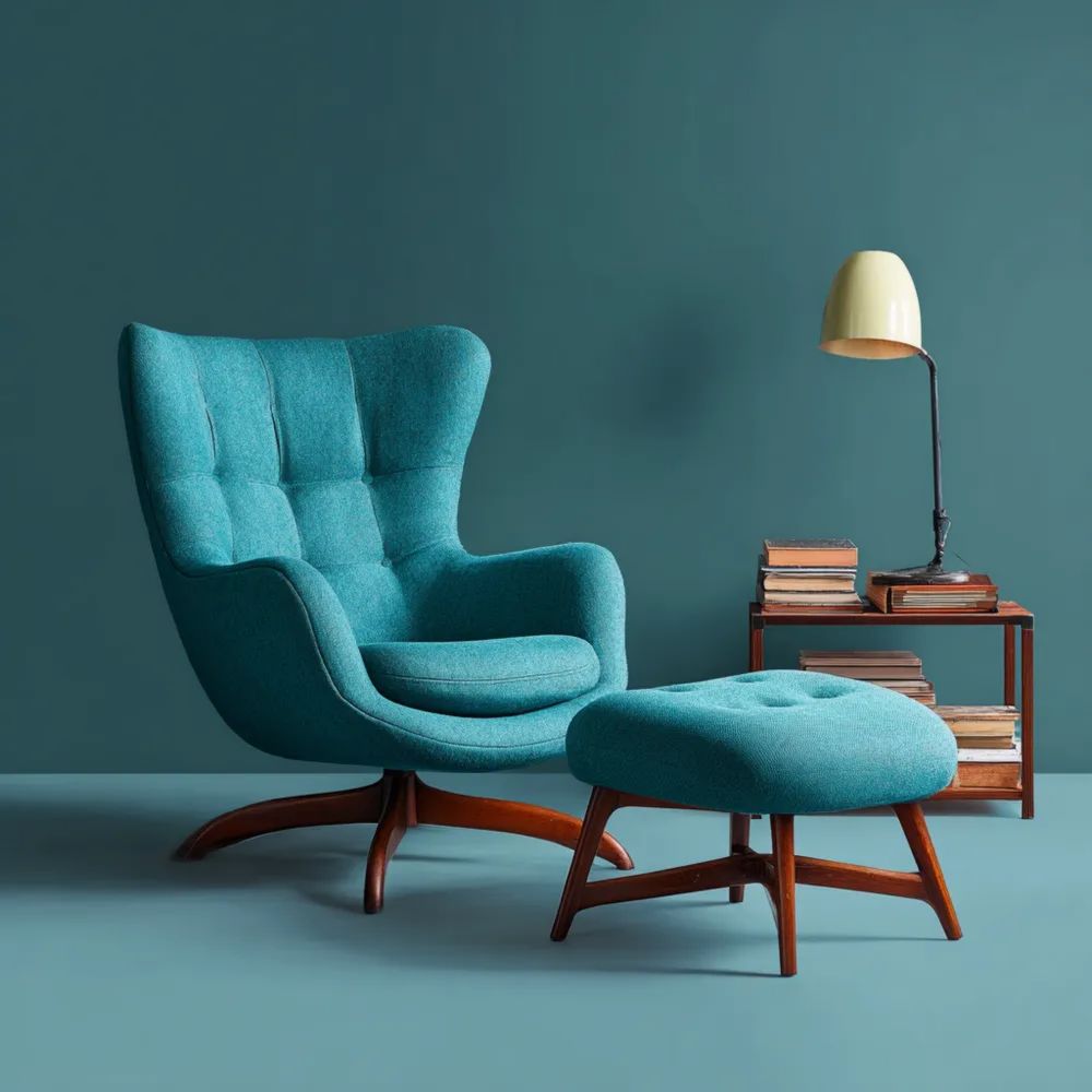 Sedia relax 80x75x100 cm con poggiapiedi 60x40x40 cm in tessuto – Turchese – Design vintage