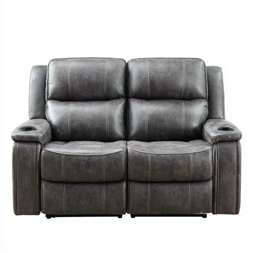 Divano a due posti in finta pelle 150x90x100 cm con porta bicchieri - Grigio Scuro