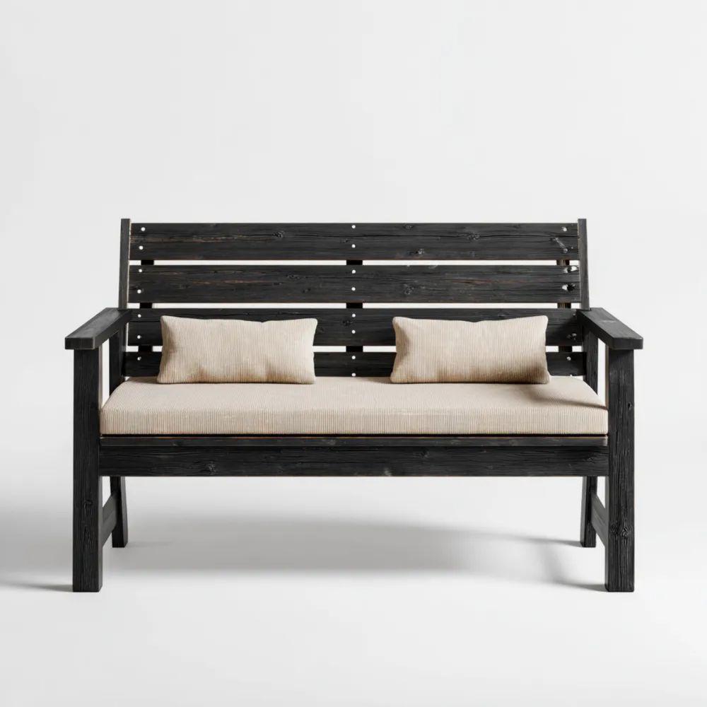 Divano a due posti da esterno in legno massello 132x76x88 cm Nero/Ecru