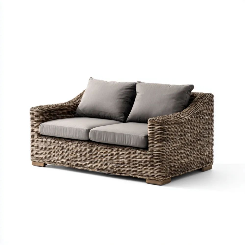Divano in rattan a due posti 150x85x75 cm con cuscini in Grigio - Design rustico per esterno