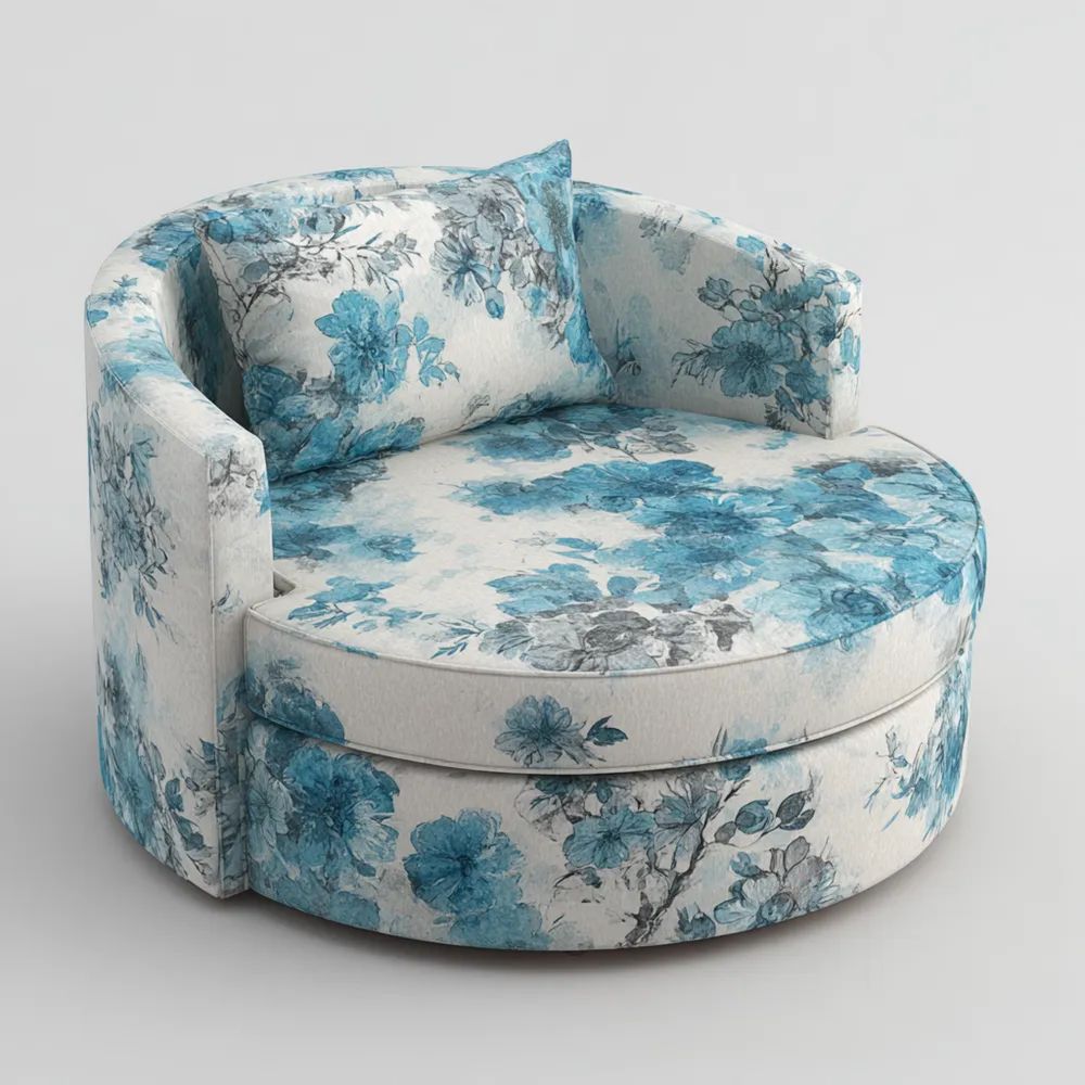 Poltrona relax rotonda imbottita 110x110x75 cm tessuto floreale Blu/Bianco