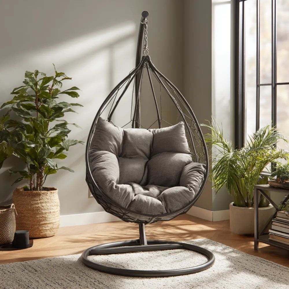 Sedia Sospesa in Metallo e Rattan 105x105x195 cm - Grigio Antracite, Design Moderno