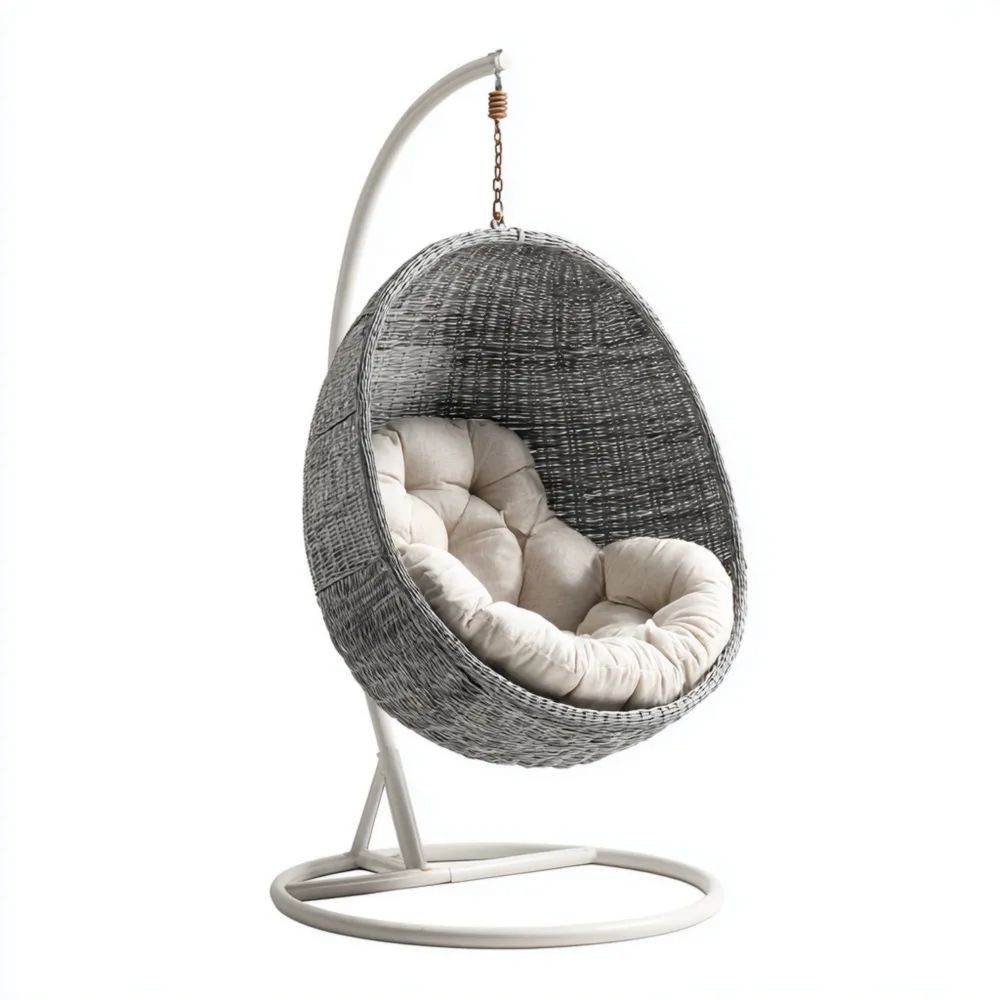 Sedia sospesa in rattan sintetico 95x95x195 cm con cuscino imbottito - Grigio/Naturale - Design moderno