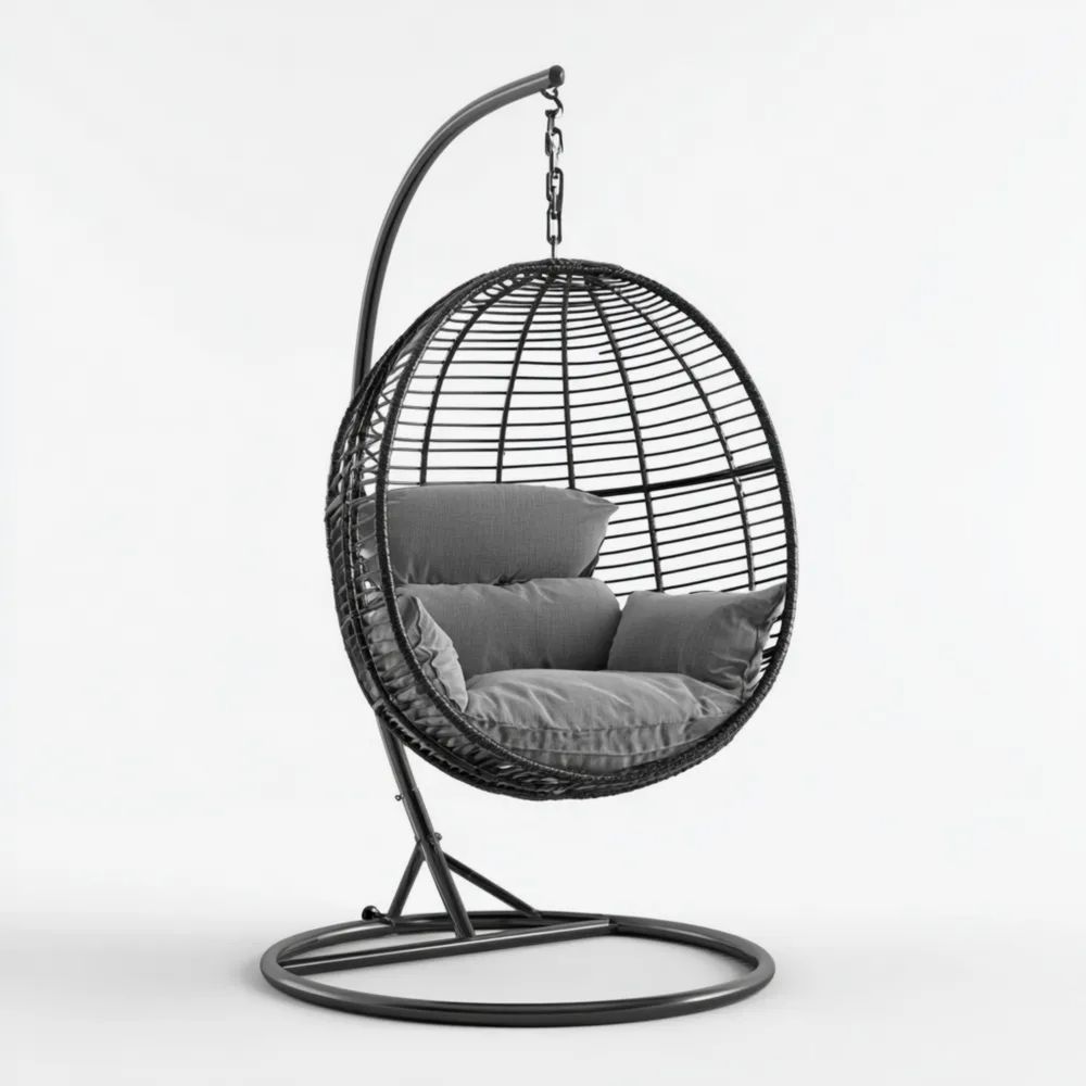 Sedia Sospesa in Rattan Sintetico 100x100x195 cm Cuscini Grigi