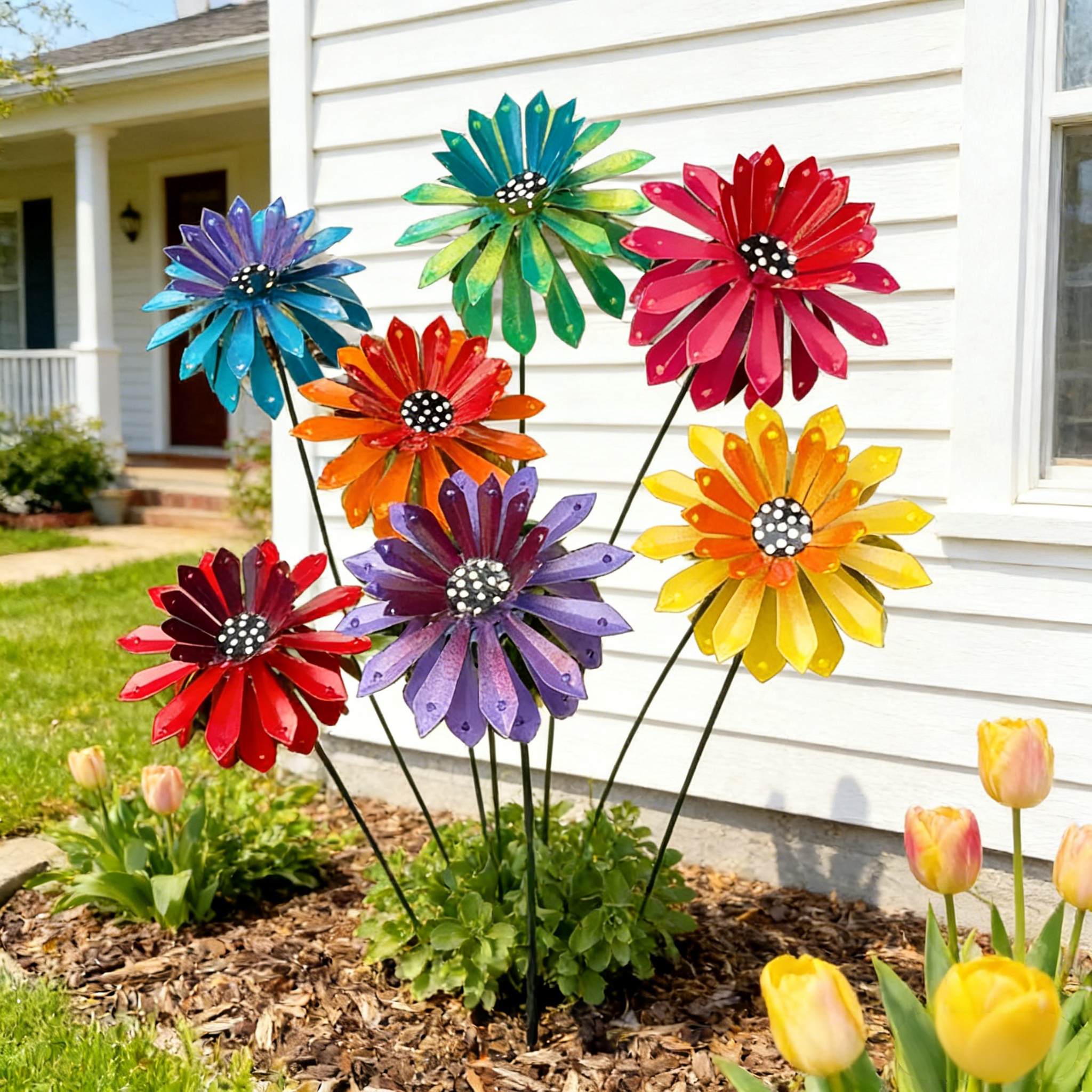 Handcrafted Metal Zinnia Flower Garden Stake