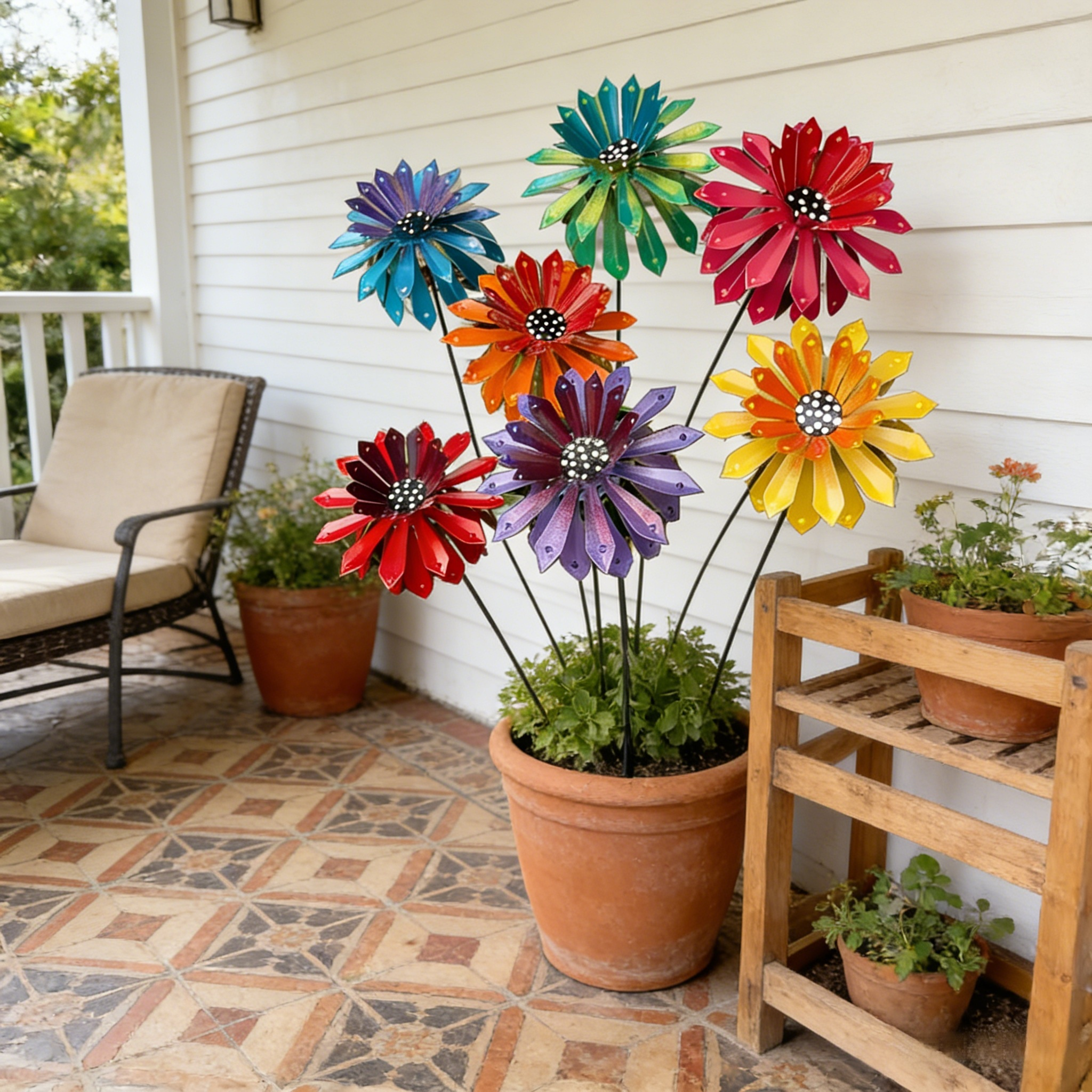 Handcrafted Metal Zinnia Flower Garden Stake