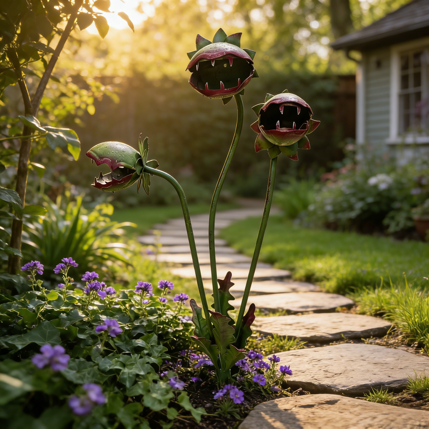 Whimsical Metal Carnivorous Plant Garden Stake