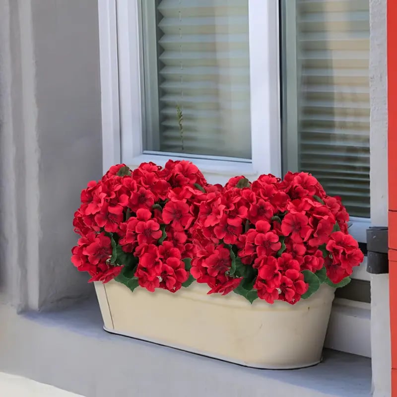 8 Bundles UV Resistant Artificial Geraniums – Outdoor Red Faux Flowers for Patio, Garden & Home Decor