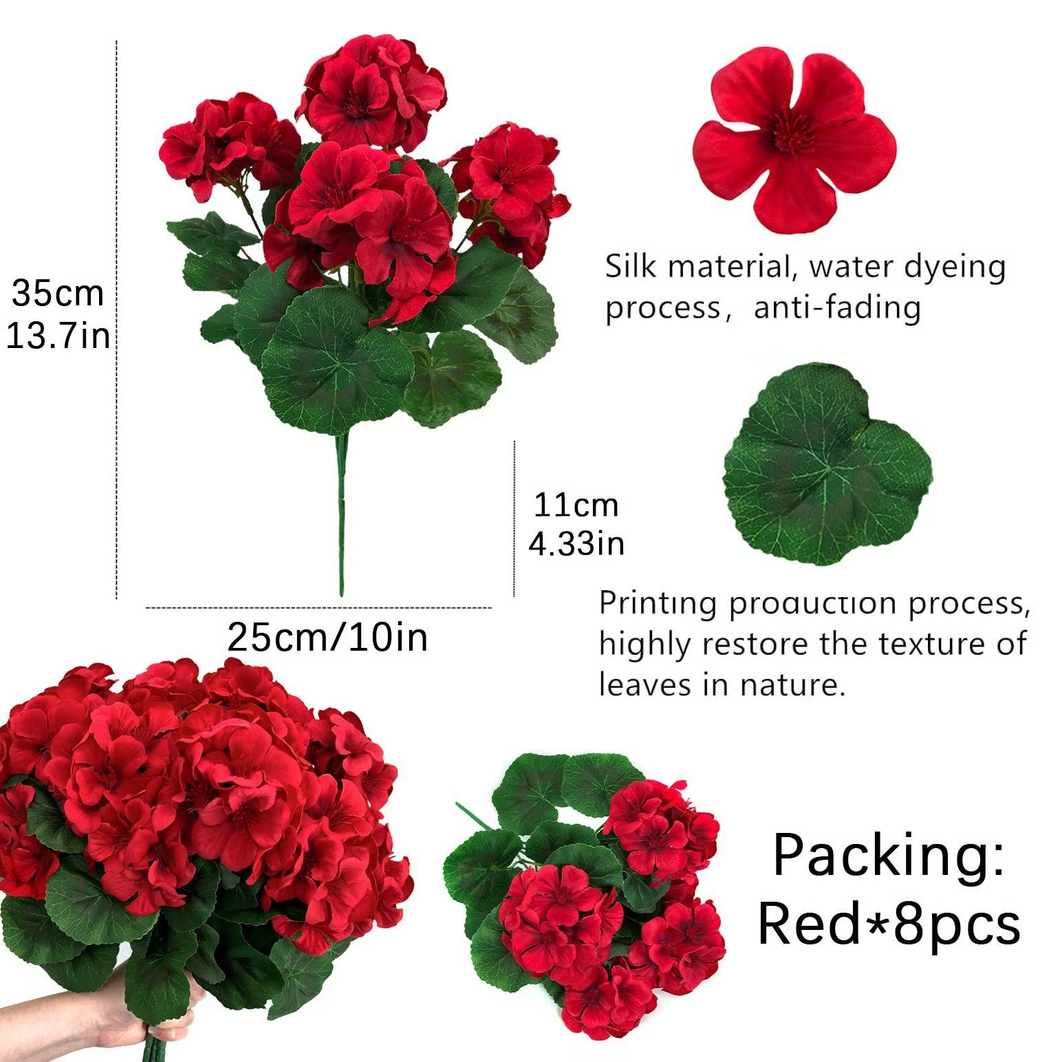 8 Bundles UV Resistant Artificial Geraniums – Outdoor Red Faux Flowers for Patio, Garden & Home Decor