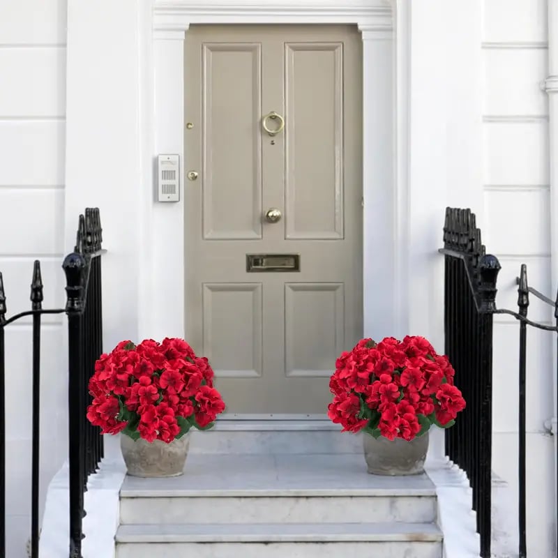 8 Bundles UV Resistant Artificial Geraniums – Outdoor Red Faux Flowers for Patio, Garden & Home Decor