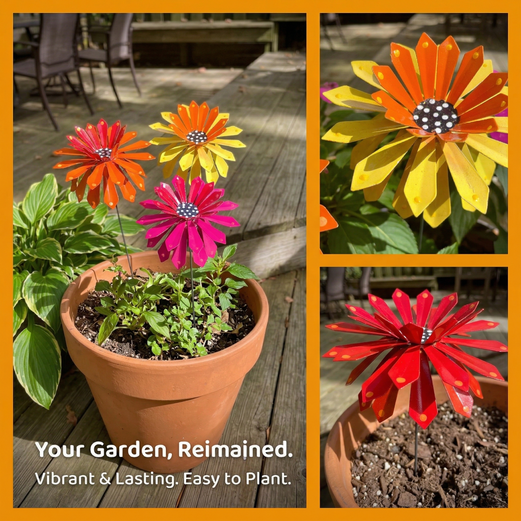 Handcrafted Metal Zinnia Flower Garden Stake