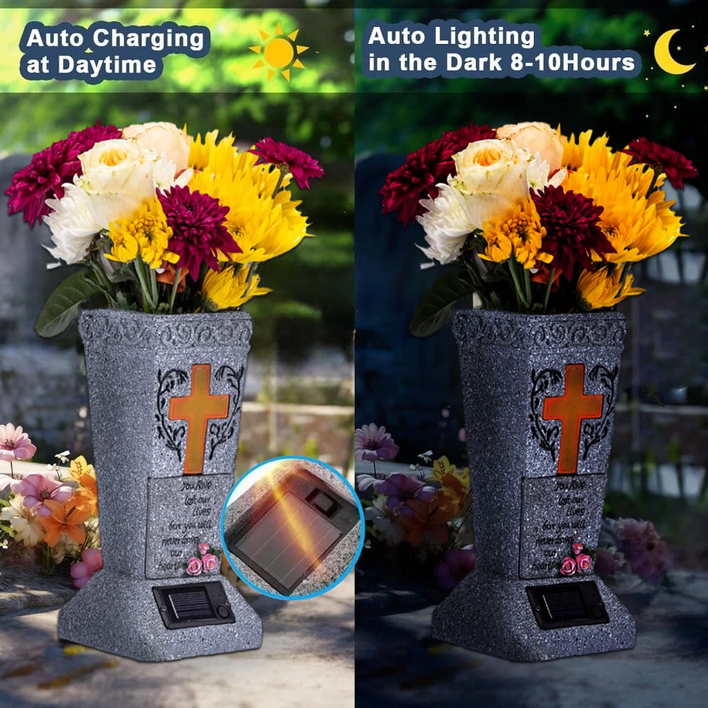 ✝️Solar Cemetery Grave Vase | LED Night Light | Weather-Resistant Resin | Removable Drain Plug | Metal Ground Spike