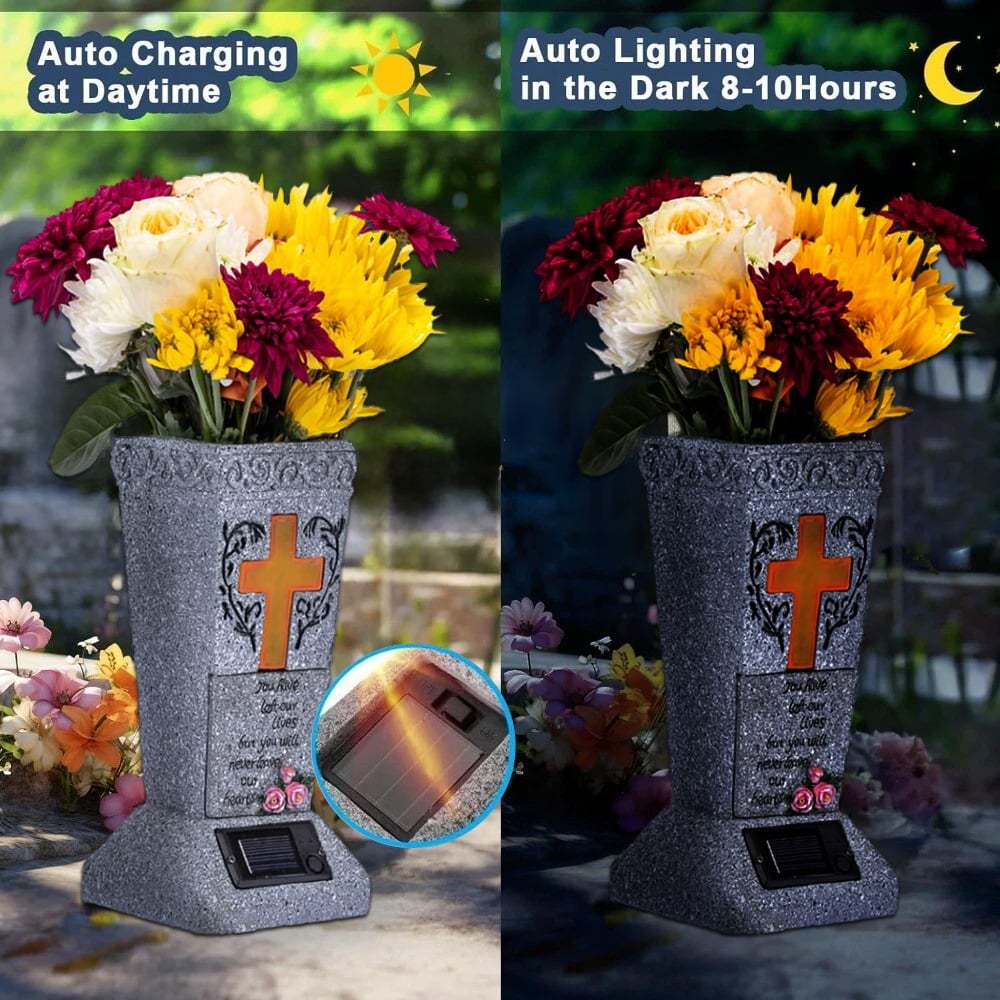 ✝️Solar Cemetery Grave Vase | LED Night Light | Weather-Resistant Resin | Removable Drain Plug | Metal Ground Spike