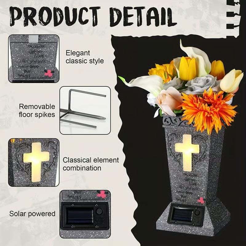 ✝️Solar Cemetery Grave Vase | LED Night Light | Weather-Resistant Resin | Removable Drain Plug | Metal Ground Spike