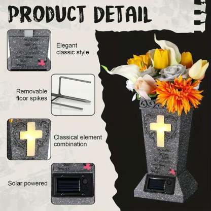 ✝️Solar Cemetery Grave Vase | LED Night Light | Weather-Resistant Resin | Removable Drain Plug | Metal Ground Spike