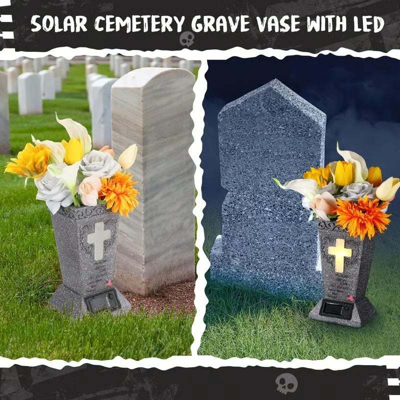 ✝️Solar Cemetery Grave Vase | LED Night Light | Weather-Resistant Resin | Removable Drain Plug | Metal Ground Spike
