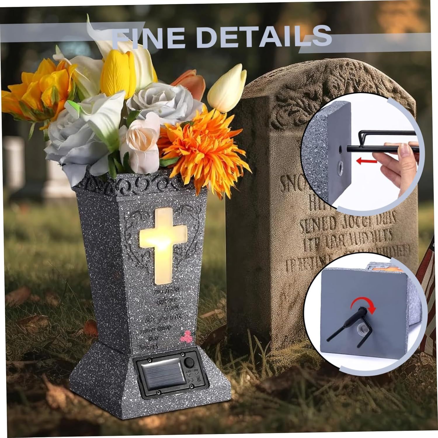 ✝️Solar Cemetery Grave Vase | LED Night Light | Weather-Resistant Resin | Removable Drain Plug | Metal Ground Spike