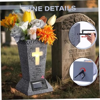 ✝️Solar Cemetery Grave Vase | LED Night Light | Weather-Resistant Resin | Removable Drain Plug | Metal Ground Spike