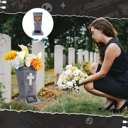 ✝️Solar Cemetery Grave Vase | LED Night Light | Weather-Resistant Resin | Removable Drain Plug | Metal Ground Spike