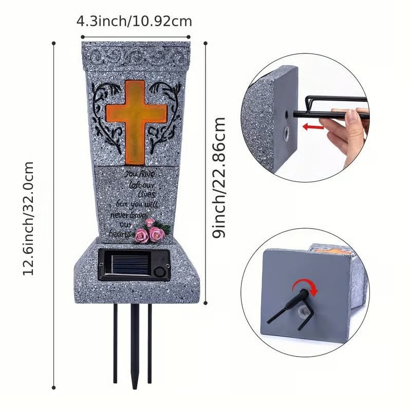 ✝️Solar Cemetery Grave Vase | LED Night Light | Weather-Resistant Resin | Removable Drain Plug | Metal Ground Spike