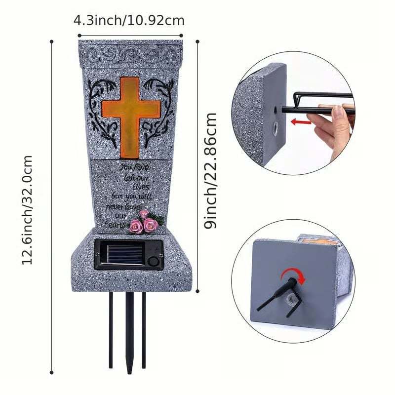 ✝️Solar Cemetery Grave Vase | LED Night Light | Weather-Resistant Resin | Removable Drain Plug | Metal Ground Spike