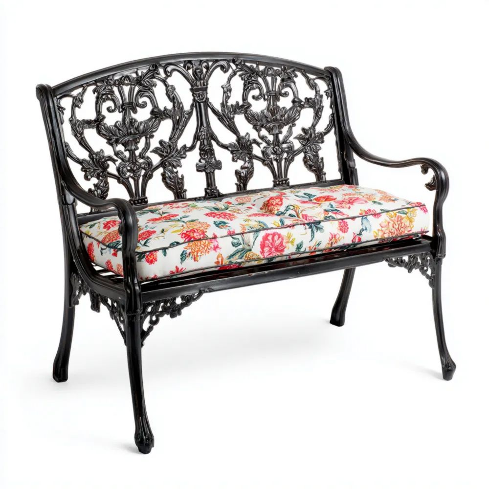 Gartenbank Metall 2-Sitzer 110x55x85 cm - Schwarz/Floral - Klassisches Design