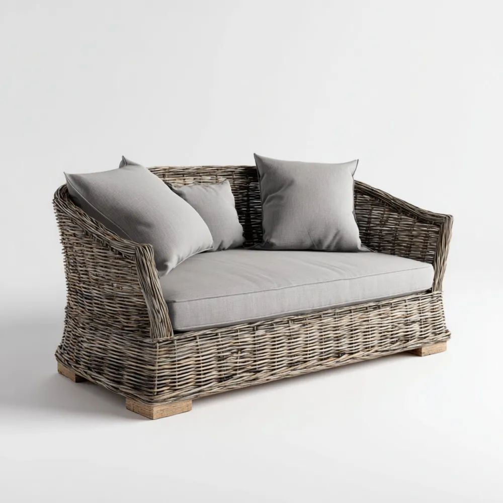 2-Sitzer Gartensofa Rattan Geflecht 140x75x80 cm - Graue Polster - Landhausstil