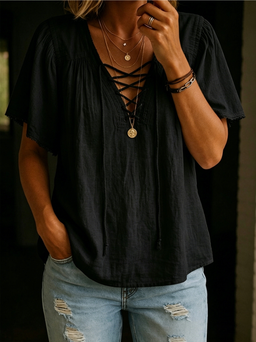 New Arrivals🔥 Casual Cotton-linen Shirt With Drawstring Neckline