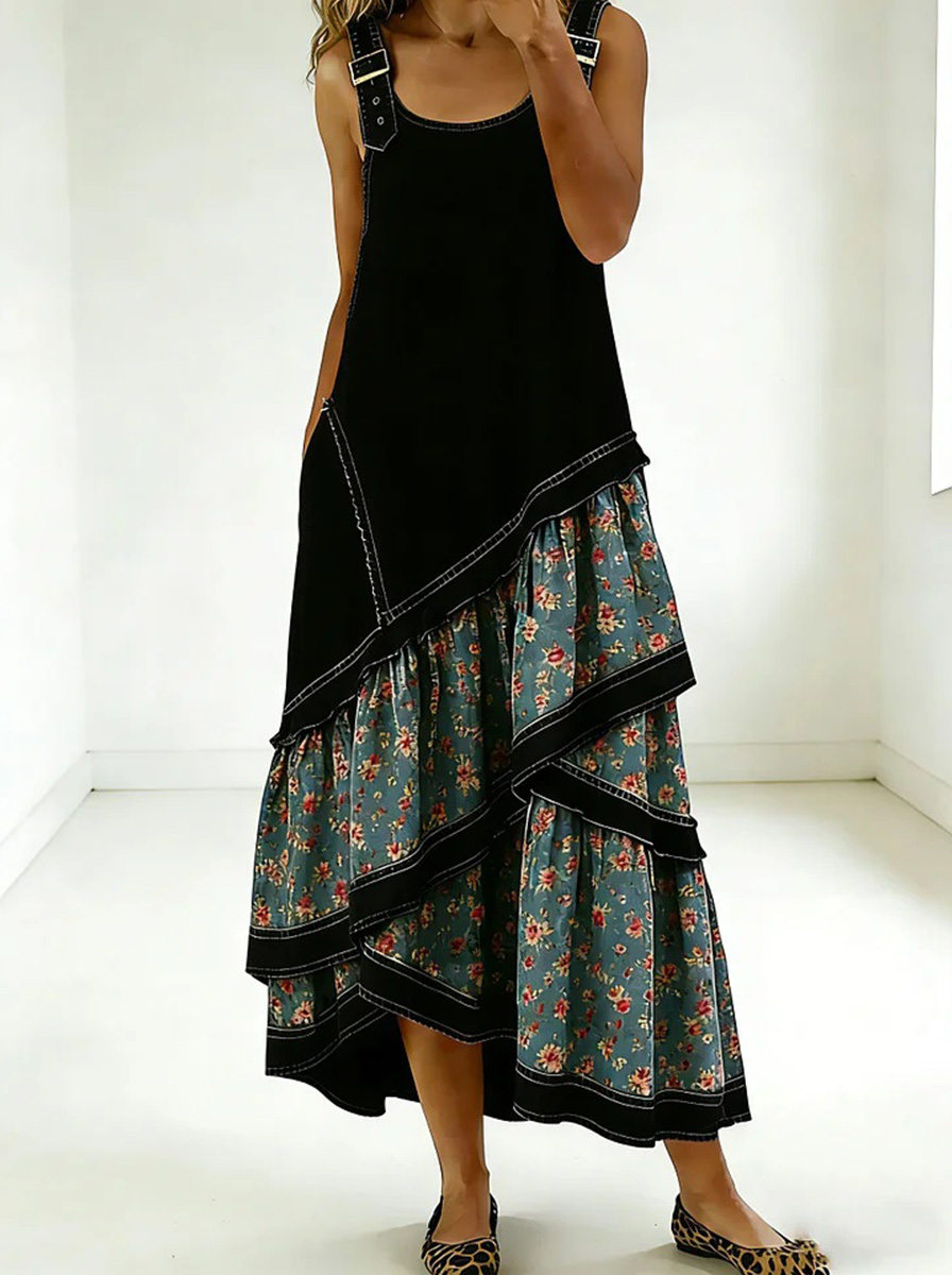 New Arrivals🔥 Women's Fashion Floral Denim Design Sleeveless Multi-layered Ruffled Strap Dress