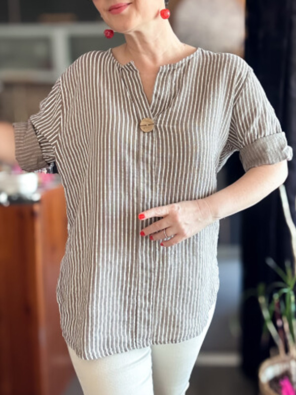 🌲🔥 Classic Striped V Neck Button Down Blouse