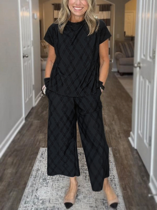 NEW🔥 Women's Round Neck Diamond Print Cozy Suit Two Piece Set